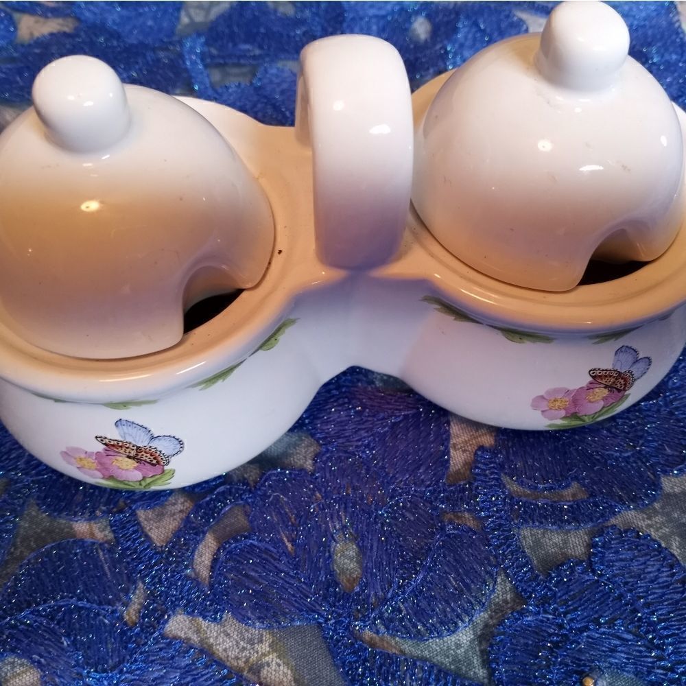 Houston Harvest ~ Hallmark Dual Condiment Jam/Jelly Ceramic Pots No Spoons